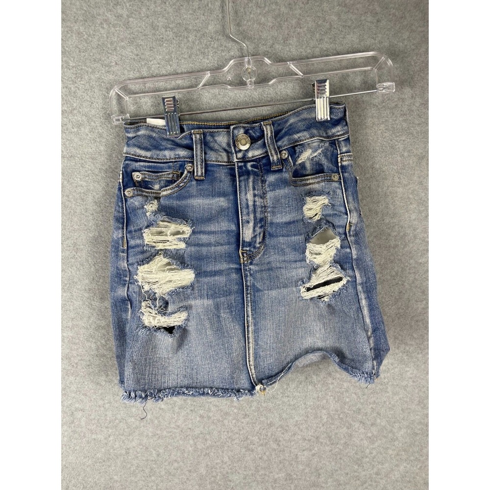 American Eagle Skirt Womens Size 0 Blue Denim Jean Next Level Stretch Distressed